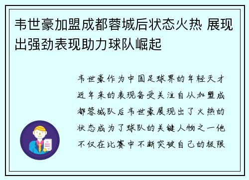 韦世豪加盟成都蓉城后状态火热 展现出强劲表现助力球队崛起
